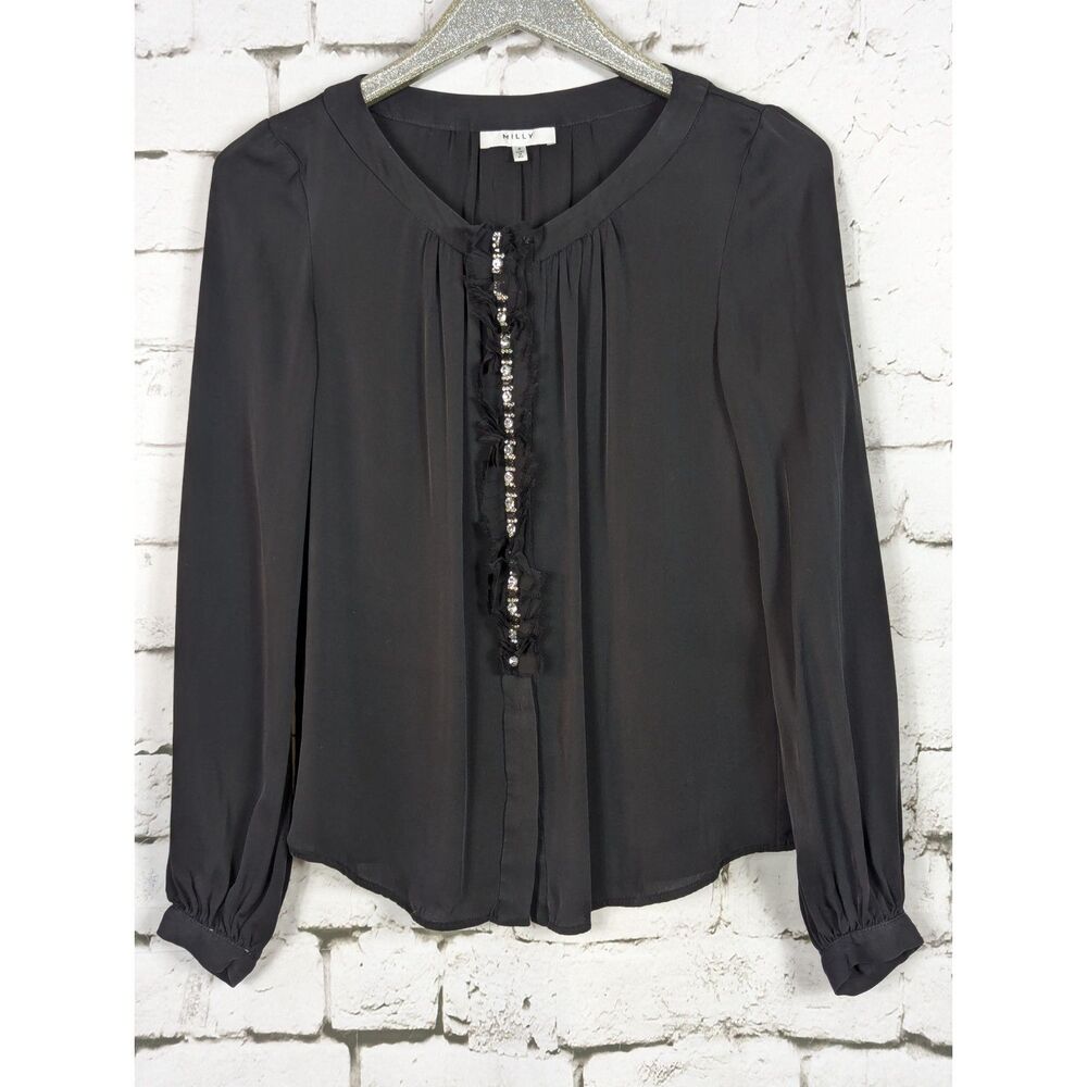 MILLY Black Silk Rhinestone Blouse Classic Old Money Designer Feminine Size 4